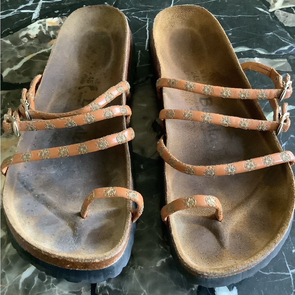 Birkenstock betula rare tan leather gold floral metallic triple strap sandals 7 - Picture 3 of 6